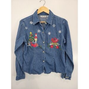 Cabin Creek Denim Christmas Shirt Women M Embroidered Tree Nutcracker Snowflakes